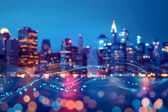 A city skyline at night with digital waves of light and data flowing across the sky, symbolizing modern technology's impact on urban life Generative AI