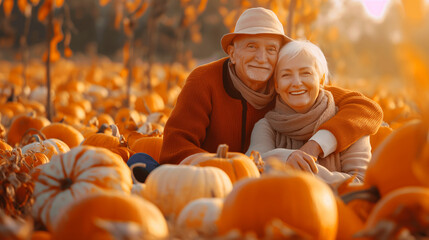 hugging senior couple on a field of pumpkins in a sunny autumn afternoon