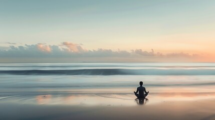 Obraz na płótnie Canvas A calm mindful individual meditating in a beautiful sunrise beach landscape, calm sea with low sea waves, clear scenic sky with first light of dawn, minimalist, aesthetic, zen. Generative AI