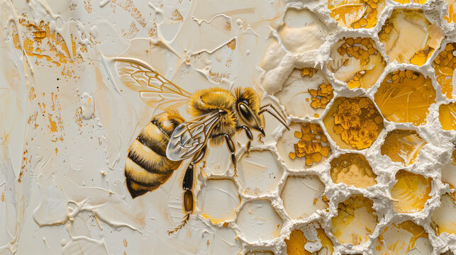 Abstract painted honey bee and a hive