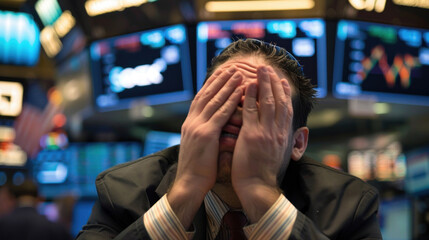 Market Meltdown: Despairing Trader Amidst the Chaos of Stock Exchange Turbulence