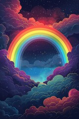 A rainbow in black clouds hiding dangers, flat illustration, mischievous, sophisticated and joyful - obrazy, fototapety, plakaty