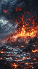 Black acidic rainfall drenching the erupting volcanic apocalypse, 2D surreal illustrate
