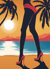 silhouette of a woman in a bikini and high-heeled shoes against the background of the ocean