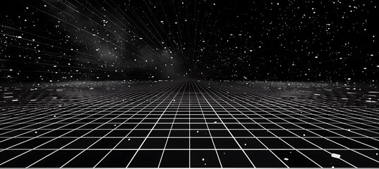 Naklejka premium 3d abstract black and white background. Retrowave retro 80s 90s futuristic grey laser neon grid surface. Wireframe tunnel net in dark space isolated black Disco music template