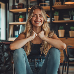 Woman winner gesture naturaly beauty, natural