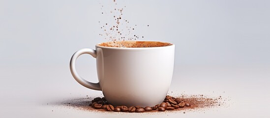 Freshly brewed coffee served in a ceramic cup, garnished with aromatic coffee beans and a sprinkle of coffee powder - obrazy, fototapety, plakaty