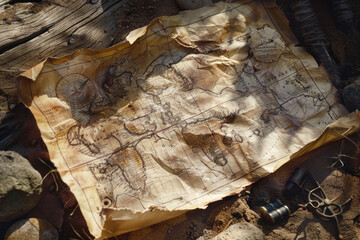 Aged Treasure Map Spread Out on a Rough Surface with Adventure Gear Nearby