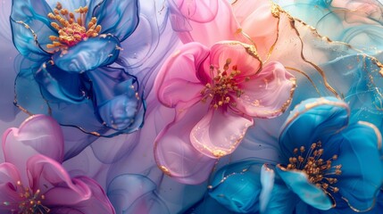 Pink and blue blossoms abstract with gold accents. Soft pink and blue ink flowers with golden speckles.