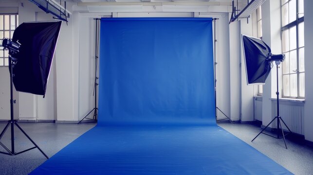 Professional photo studio setup with blue backdrop and lighting equipment. Photography studio portrait background. Design for workshop banners, photography tutorials and studio advertisements.