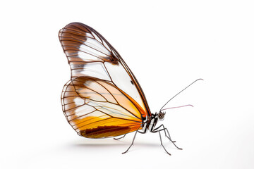 Beautiful Glasswing Yellow butterfly isolated on a white background. Side view