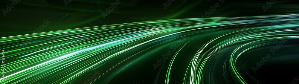 Poster curve neon green light effect rays flash isolated on black background. generative ai