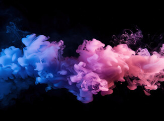 Colorful smoke on a black background, pink and blue abstract ink in water isolated on a dark backdrop