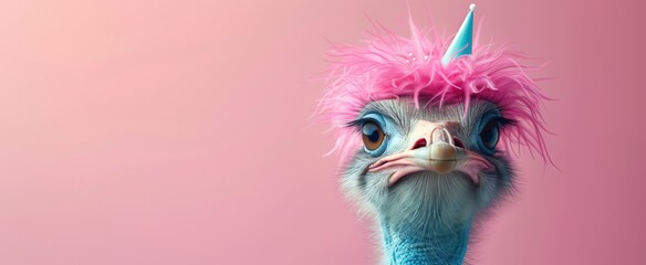 A humorous ostrich at an event, copy spaace