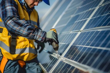 Close up of engineer installing solar panels on the rooftop. Electrical technician at work, alternative renewable energy generation concept. Generative AI. 