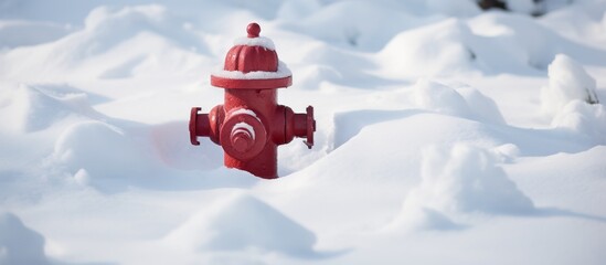 Amidst a snowy landscape lies a prominent red fire hydrant surrounded by a thick layer of white snow