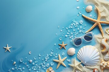 blue background with beach vacation symbols - generative ai