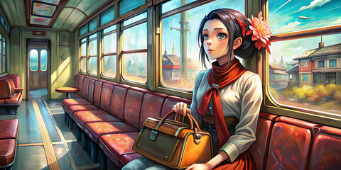 Woman sitting on a train seat with a purse, anime art, detailed painting, aestheticism.
 - obrazy, fototapety, plakaty