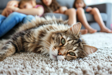 Cat Laying on Floor With People in Background