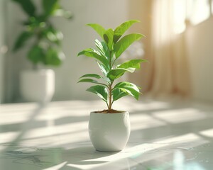 Young green plant white ceramic pot floor white sunny room growth