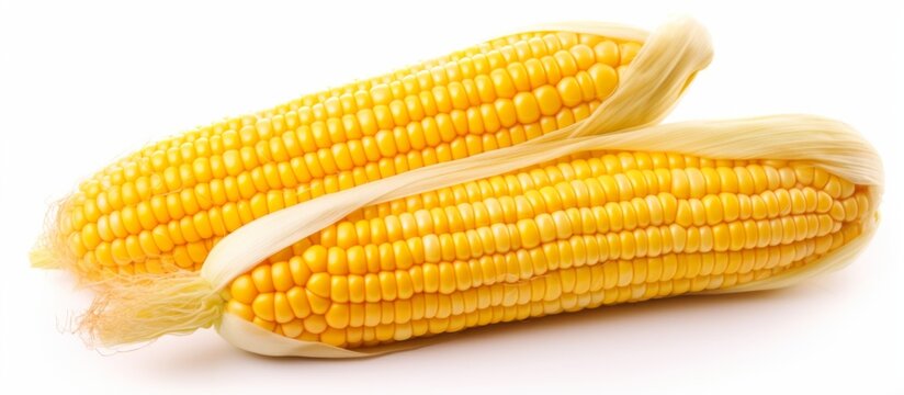 Dual ears of corn arranged neatly on a plain white background