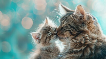 Fluffy cat kisses her kitten. Mother's Day concept.