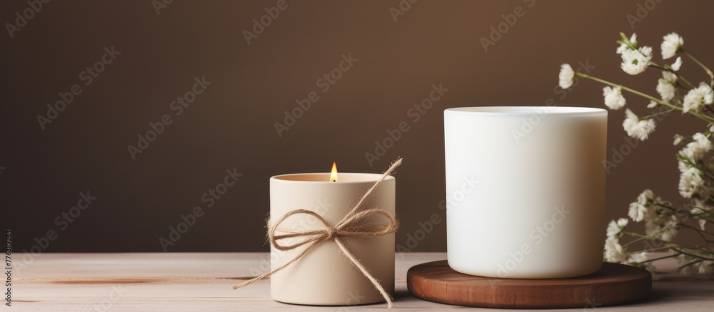 Poster a white candle and a delicate small white flower are placed on a rustic wooden table, creating a sim
