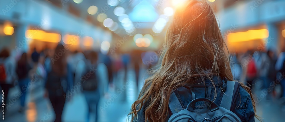Poster students walking to class on a university or college campus with a blurred background. concept unive
