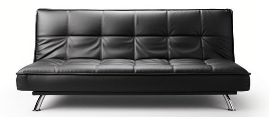 Black leather couch with a sleek metal frame shown in a detailed close-up view