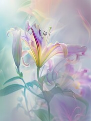 Iridescent Lily Flower and Buds on Pastel Background