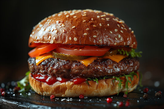 tasty burger with beef, tomatoes, cheese, ketchup, arugula and pickled cucumbers sprinkled with black pepper