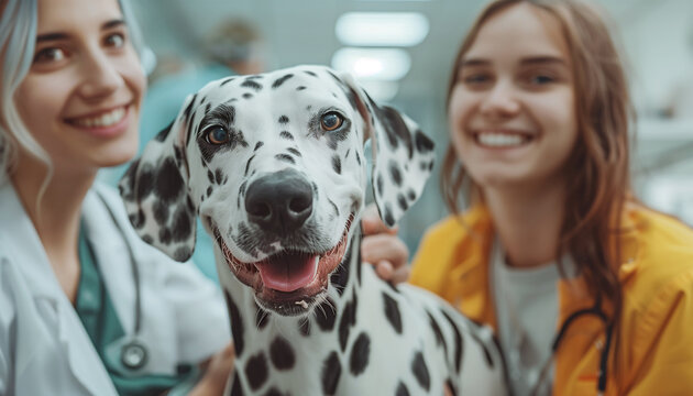 Funny portrait Dalmatian dog with two smiling veterinarians in clinic. Focus is on happy face of dog, radiating warmth and care veterinary setting with medical equipment visible on background.
