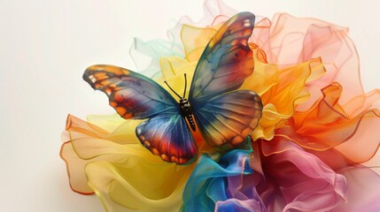 Colorful Butterfly on a Rainbow Organza Flower