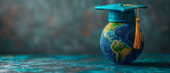 Global education symbol graduation cap atop Earth globe representing study abroad opportunities. Concept Global Education, Study Abroad, Graduation Cap, Earth Globe, Symbolism