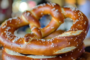 Close-up of a freshly baked pretzel with salt crystals