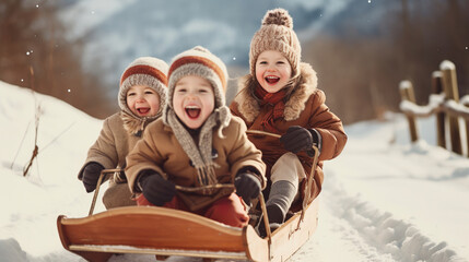 Happy funny children ride wooden retro sleds on snowy road in mountains