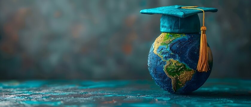 Global education symbol graduation cap atop Earth globe representing study abroad opportunities. Concept Global Education, Study Abroad, Graduation Cap, Earth Globe, Symbolism