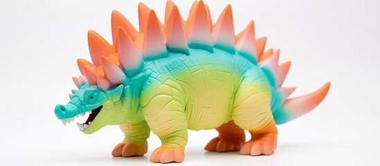 A vibrant toy dinosaur with brightly colored body and distinctive green spikes on its head