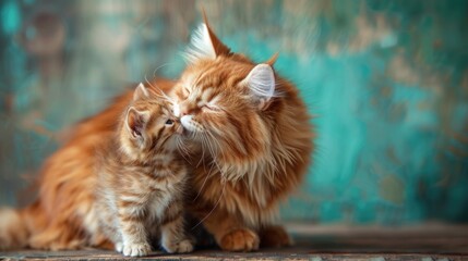 Fluffy cat kisses her kitten. Mother's Day concept. - obrazy, fototapety, plakaty