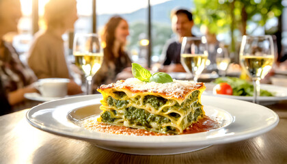Lasagne mit Spinat im Hintergrund ein Restaurant mit Gästen  - obrazy, fototapety, plakaty