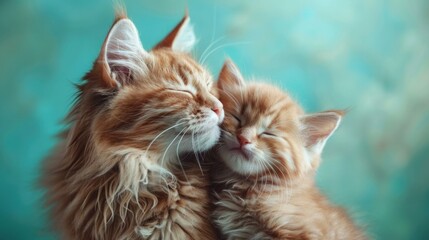 Fluffy cat kisses her kitten. Mother's Day concept.