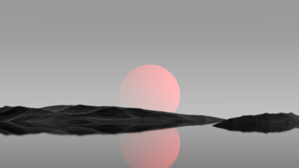 Red planet on a horizon of black rocky islands and water. Sci-fi,fantasy landscape,wallpaper.3D render
