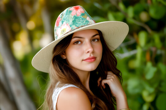 Beautiful young woman wearing hat and posing for picture in front of tree.