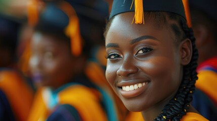 Close-up faces of graduates glowing with joy and pride, sunlight accentuating their diverse features and emotions. The moment is frozen in time, showcasing the universal feeling of accomplishment.