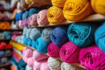 Colorful yarn and wool balls on display in a craft store - obrazy, fototapety, plakaty