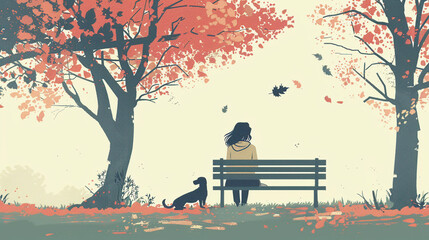 Young woman sitting on the bench with dog and looking away. Autumn calm design