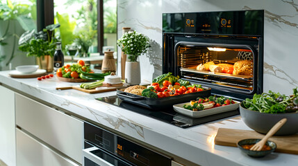 Stove with food cooking in it and tray of vegetables in front of it. - obrazy, fototapety, plakaty