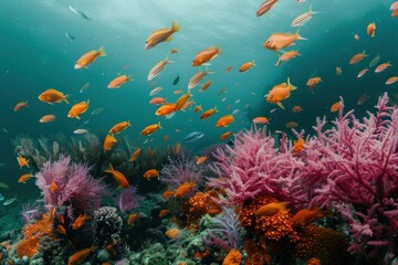 Fototapeta na wymiar Vibrant coral reef teeming with colorful fish and sea plants, captured in the soft light of an underwater photograph. The scene includes various types of corals in shades of pink, purple and orange.