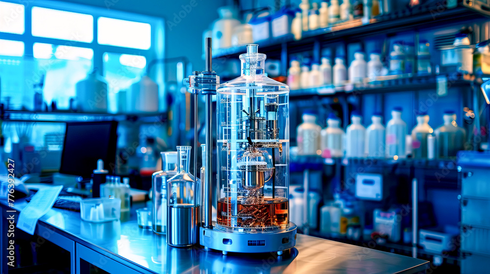 Aufkleber laboratory filled with lots of bottles and beakles on counter top.