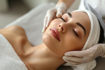 Fototapeta na wymiar Woman enjoying facial massage at spa, feeling happy and relaxed